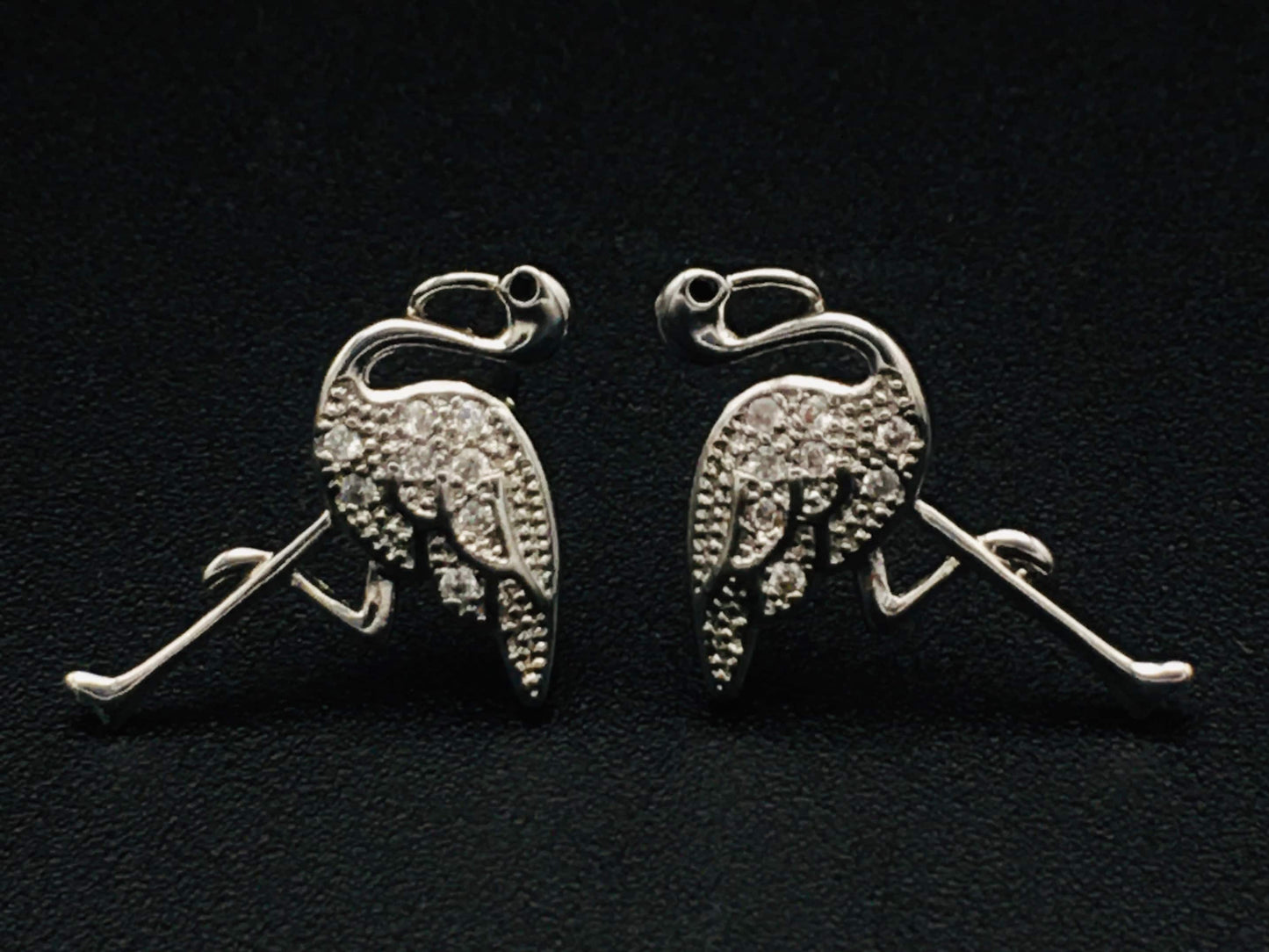 Silver Flamingo Bird Stud Earrings | Diamond Tropical Bird Studs | Crane, Heron Art Jewelry