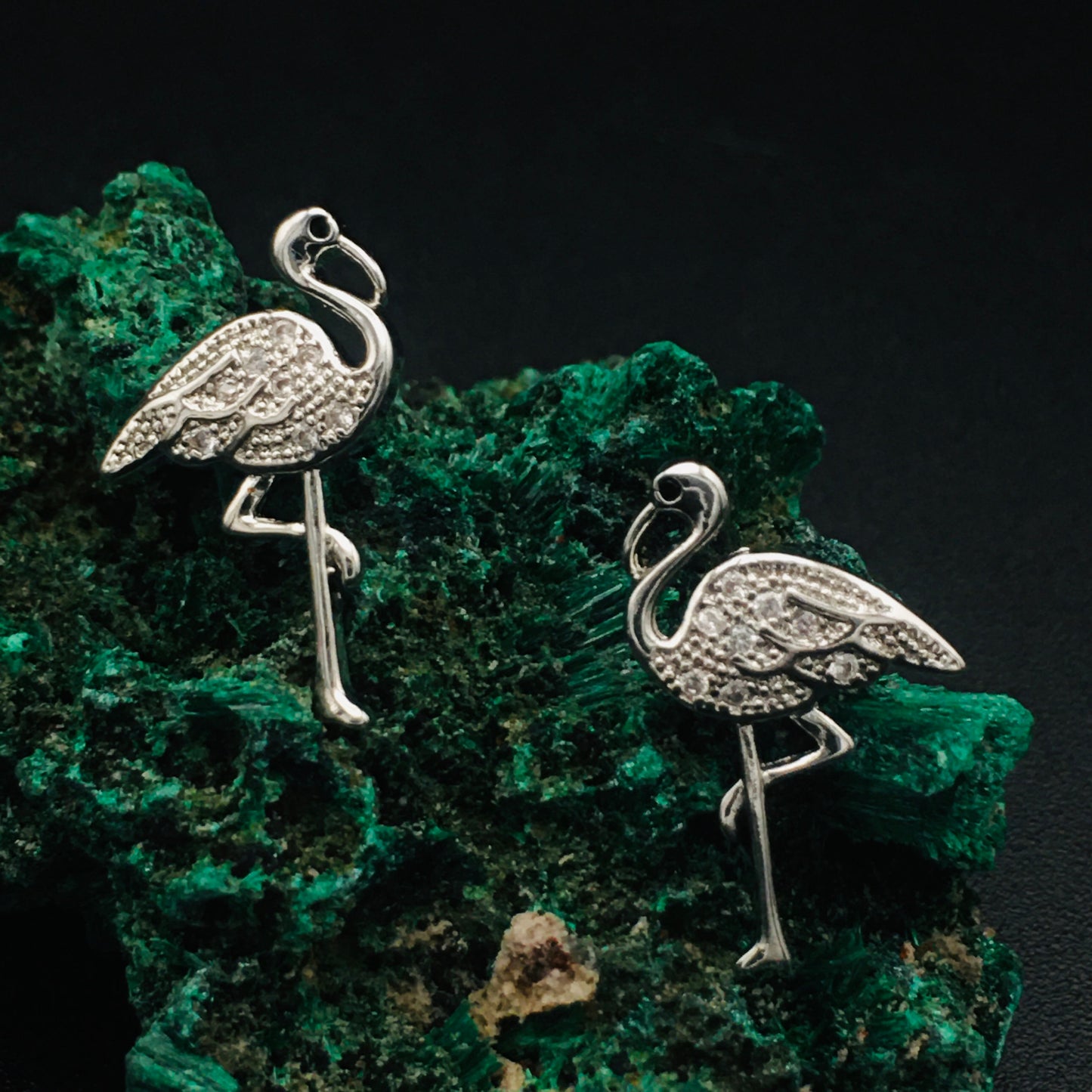 Silver Flamingo Bird Stud Earrings | Diamond Tropical Bird Studs | Crane, Heron Art Jewelry