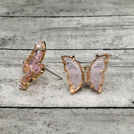 Pink Butterfly Earrings: Tourmaline-Colored Crystal Transparent Jade Butterfly Earrings, Art Deco Bohemian Minimalist Jewelry