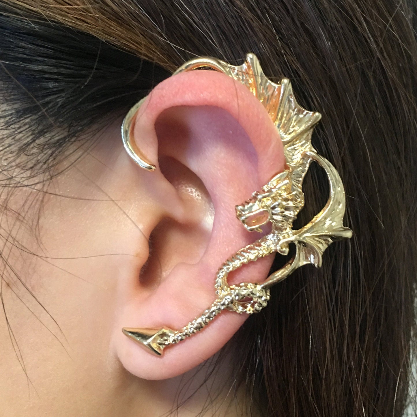 Gothic Gold Fantasy Dragon Ear Cuff - Dragon Ear Wrap for Left Ear, Vintage Brilliant Handmade Golden Dragon Earring