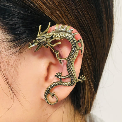 Vintage Gothic Punk Dragon Ear Cuff | Gold & Silver Clip-On Earring for Left Ear | No Piercing Required
