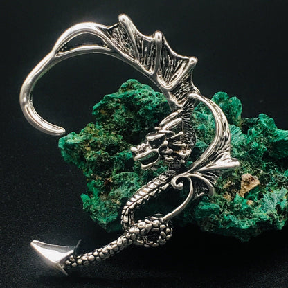 Gothic Silver Chinese Dragon Ear Cuff | Vintage Fantasy Dragon Dangle Earring for Left Ear | Boho Hippie Jewelry