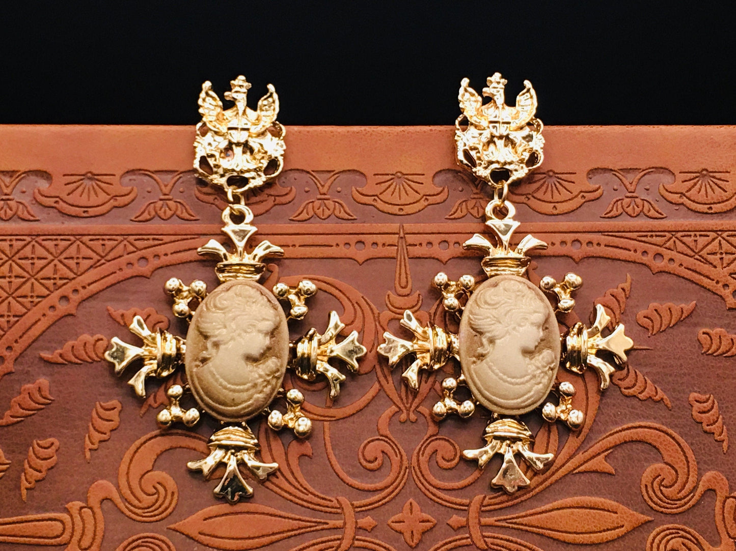 Victorian Baroque Earrings with Female Portrait and Eagle Crest / Gold Italian Renaissance Vintage Golden Earrings / Dangle Earrings