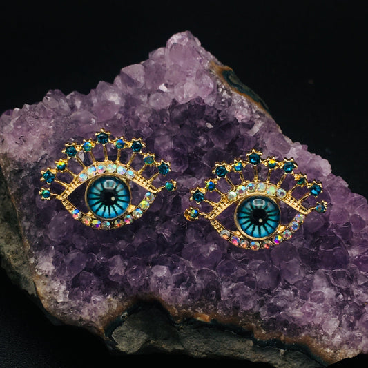 Sapphire Evil Eye Stud Earrings: Chic Boho Minimalist Jewelry for Bridal & Party Looks