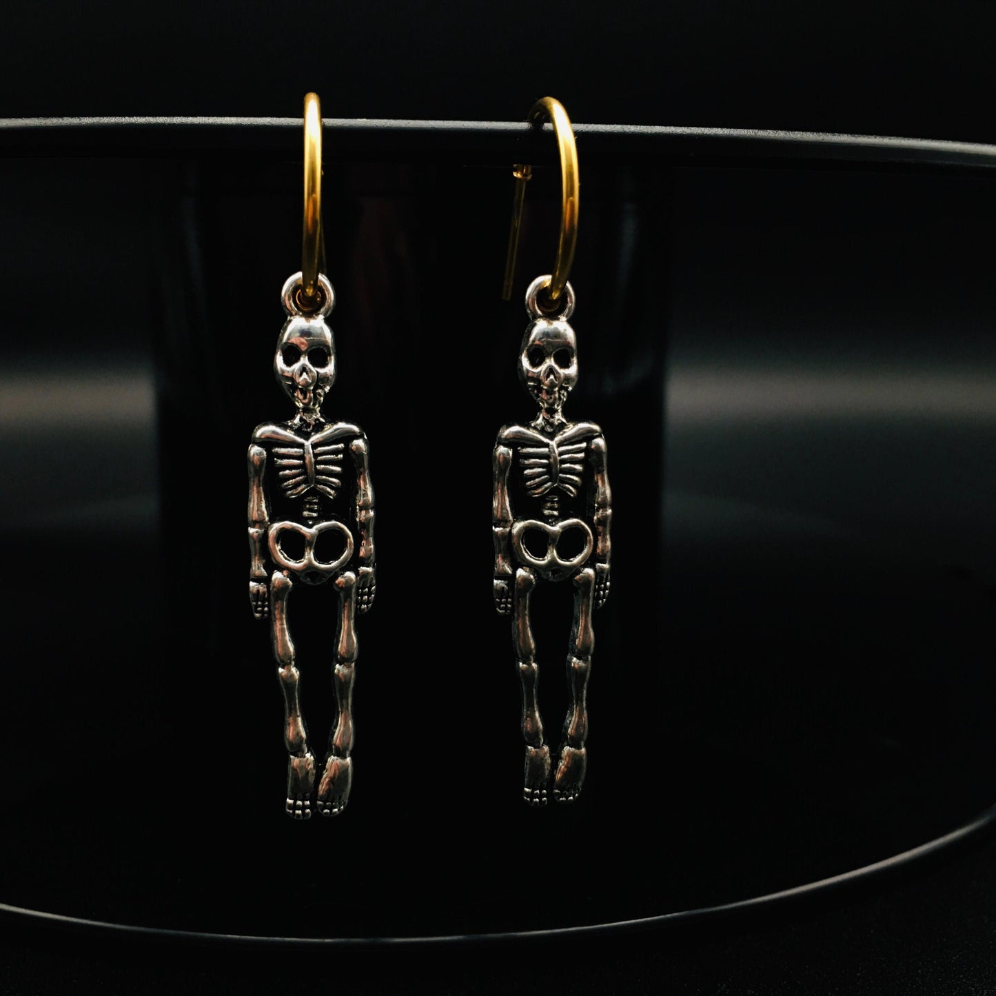 Skeleton Skull Hoop Earrings - Victorian Gothic Gold and Silver Skull Hoops | Halloween & Day of the Dead Statement Jewelry