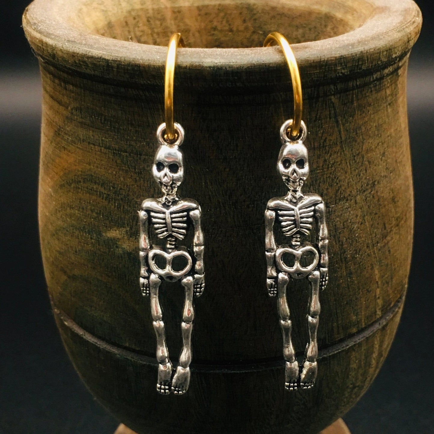 Skeleton Skull Hoop Earrings - Victorian Gothic Gold and Silver Skull Hoops | Halloween & Day of the Dead Statement Jewelry