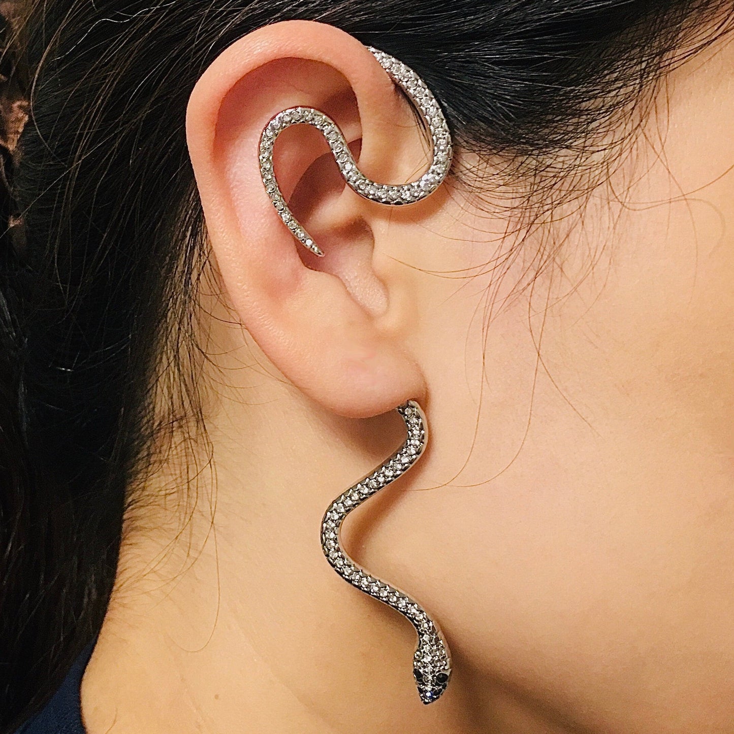 Silver Serpent Snake Ear Wrap - Bohemian Sparkling Snake Ear Cuff Statement Piece for Left or Right Ears without Piercing, Gift or Her, Him