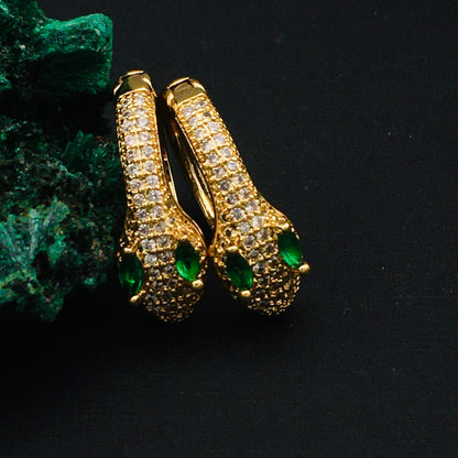 Victorian-Inspired Gothic Gold Snake Hoop Earrings with Emerald Green Eyes | Boho Chic Viper Design