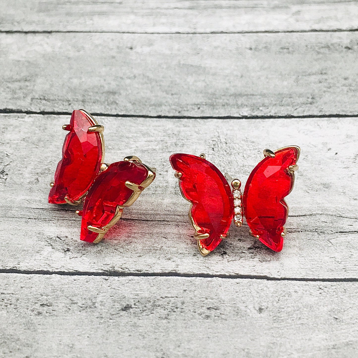 Ruby Red Bohemian Butterfly Earrings - Sparkling Art Deco Minimalist Jewelry