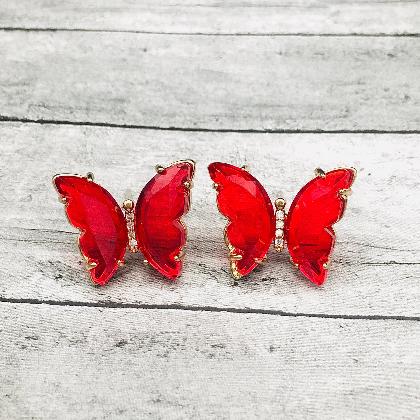 Ruby Red Bohemian Butterfly Earrings - Sparkling Art Deco Minimalist Jewelry