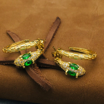 Emerald-Eyed Vintage Gold Snake Hoop Earrings | Bohemian Serpent Jewelry