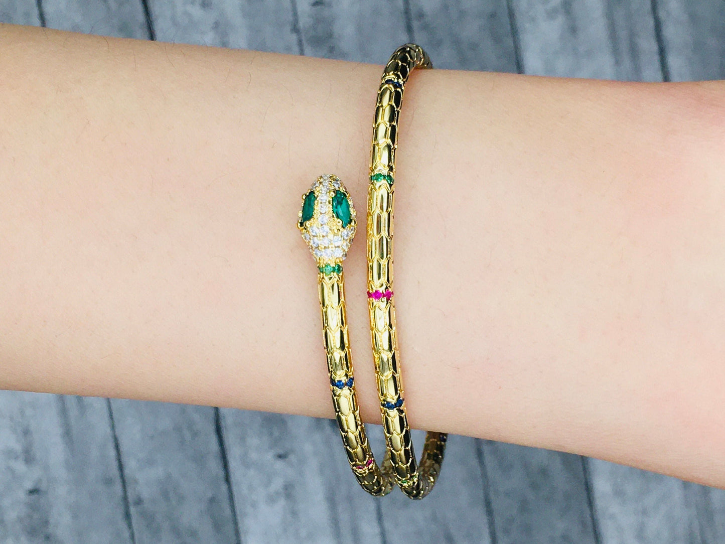 Gold Serpent Bracelet with Emerald Eyes and Cubic Zirconia - Statement Jewelry