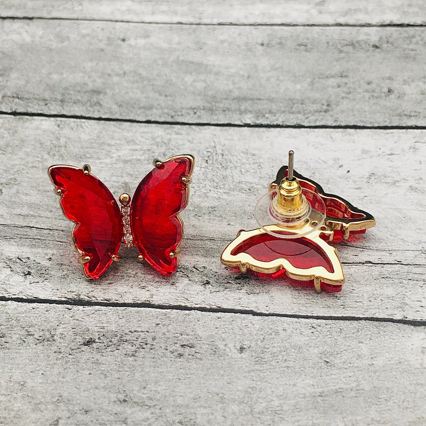 Ruby Red Bohemian Butterfly Earrings - Sparkling Art Deco Minimalist Jewelry