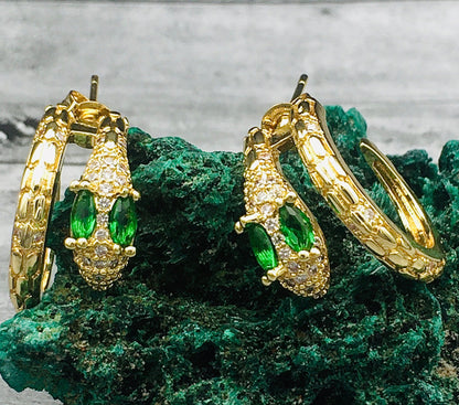 Emerald-Eyed Vintage Gold Snake Hoop Earrings | Bohemian Serpent Jewelry