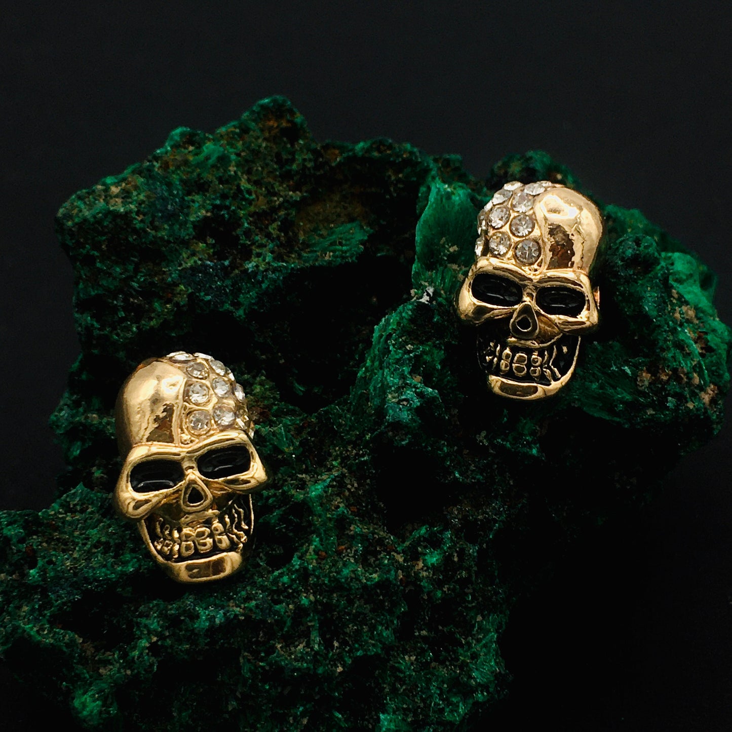 Gothic Golden Diamond Skull Stud Earrings - Bold Statement Skulls Adorned with Imitation Diamonds