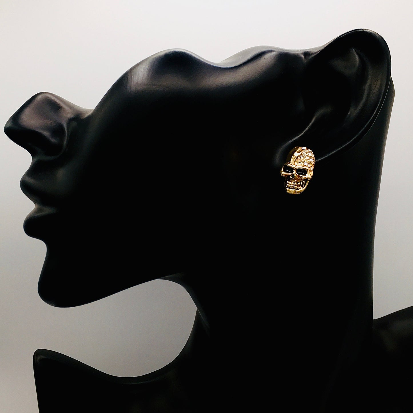 Gothic Golden Diamond Skull Stud Earrings - Bold Statement Skulls Adorned with Imitation Diamonds