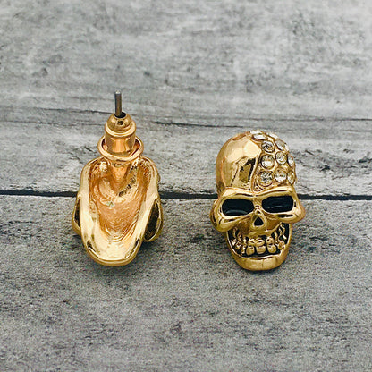 Gothic Golden Diamond Skull Stud Earrings - Bold Statement Skulls Adorned with Imitation Diamonds