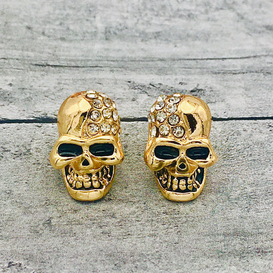 Gothic Golden Diamond Skull Stud Earrings - Bold Statement Skulls Adorned with Imitation Diamonds