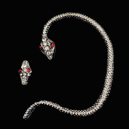 Asymmetrical Gothic Silver-Toned Snake Ear Cuff with Ruby-Eyed Serpent Head Stud | Unique Ear Wrap | Renaissance Fair Lucky Jewelry