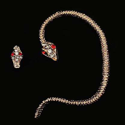 Asymmetrical Gothic Silver-Toned Snake Ear Cuff with Ruby-Eyed Serpent Head Stud | Unique Ear Wrap | Renaissance Fair Lucky Jewelry