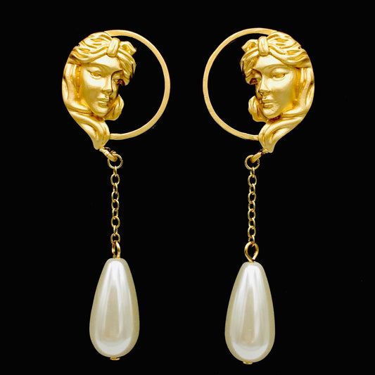 Victorian Baroque Gold Goddess Teardrop Pearl Earrings - Medieval Renaissance Lady Profile Dangle Jewelry