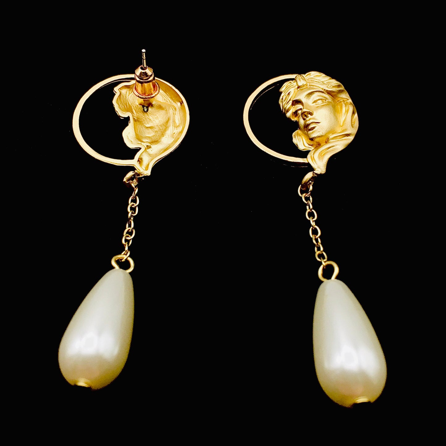 Victorian Baroque Gold Goddess Teardrop Pearl Earrings - Medieval Renaissance Lady Profile Dangle Jewelry