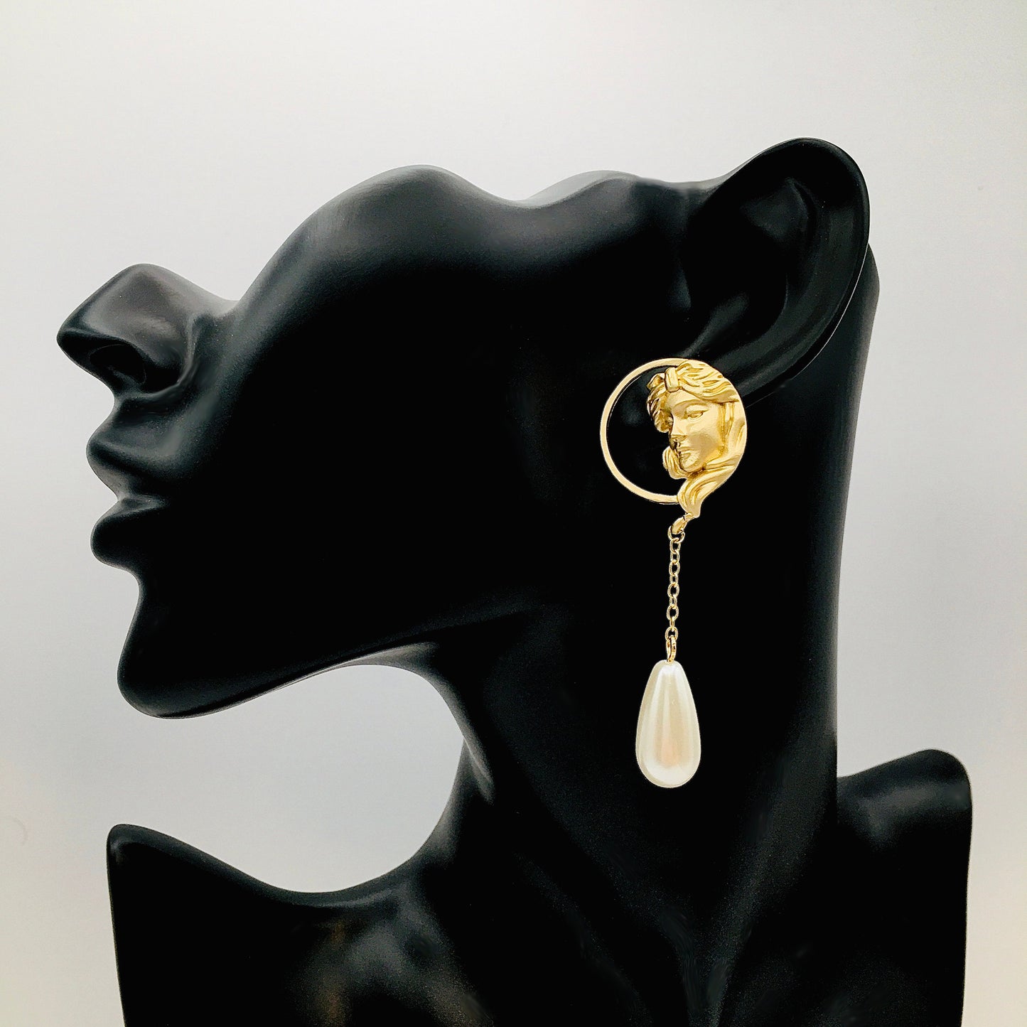 Victorian Baroque Gold Goddess Teardrop Pearl Earrings - Medieval Renaissance Lady Profile Dangle Jewelry