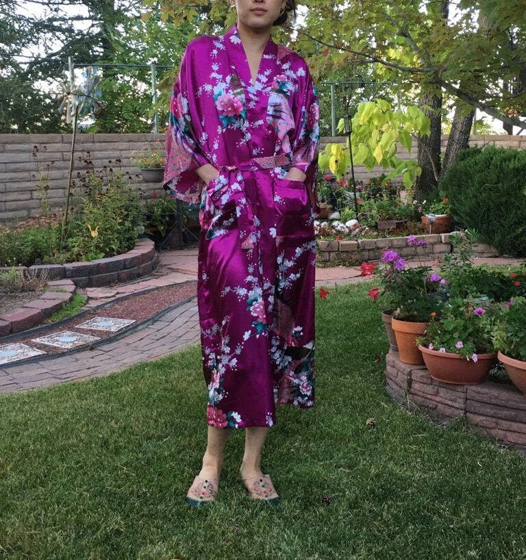 Silk Long Kimono Robe - Floral Peacock & Blossoms Nightgown with Pockets | Perfect for Weddings, Beach, and Gifts for Wife or Girlfriends