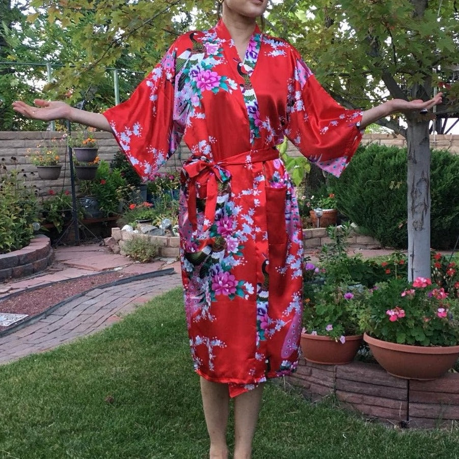 Japanese Peacock Long Kimono Cardigan Robe - Aesthetic Floral Boho Dress with Pockets, Long Sleeve Beach Coverup for Women, Gift for Her