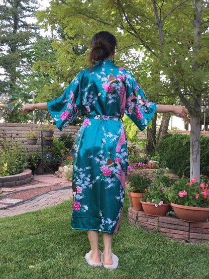 Silk Satin Long Tropical Peacock Pattern Kimono Robe with Pockets