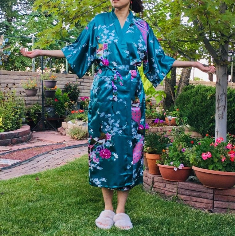 Silk Long Kimono Robe - Floral Peacock & Blossoms Nightgown with Pockets | Perfect for Weddings, Beach, and Gifts for Wife or Girlfriends