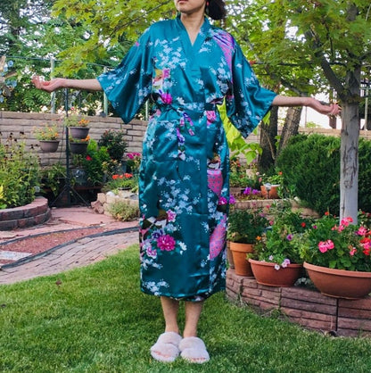 Silk Satin Long Tropical Peacock Pattern Kimono Robe with Pockets