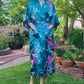 Silk Satin Long Tropical Peacock Pattern Kimono Robe with Pockets