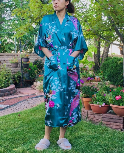 Silk Satin Long Tropical Peacock Pattern Kimono Robe with Pockets