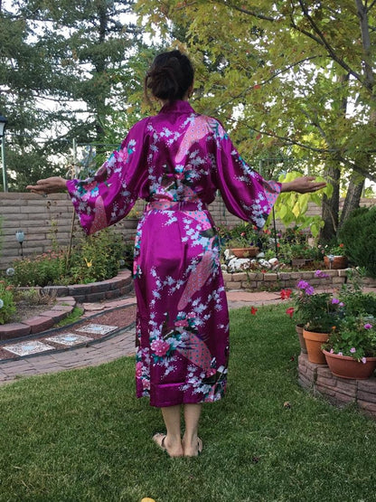 Silk Satin Long Tropical Peacock Pattern Kimono Robe with Pockets