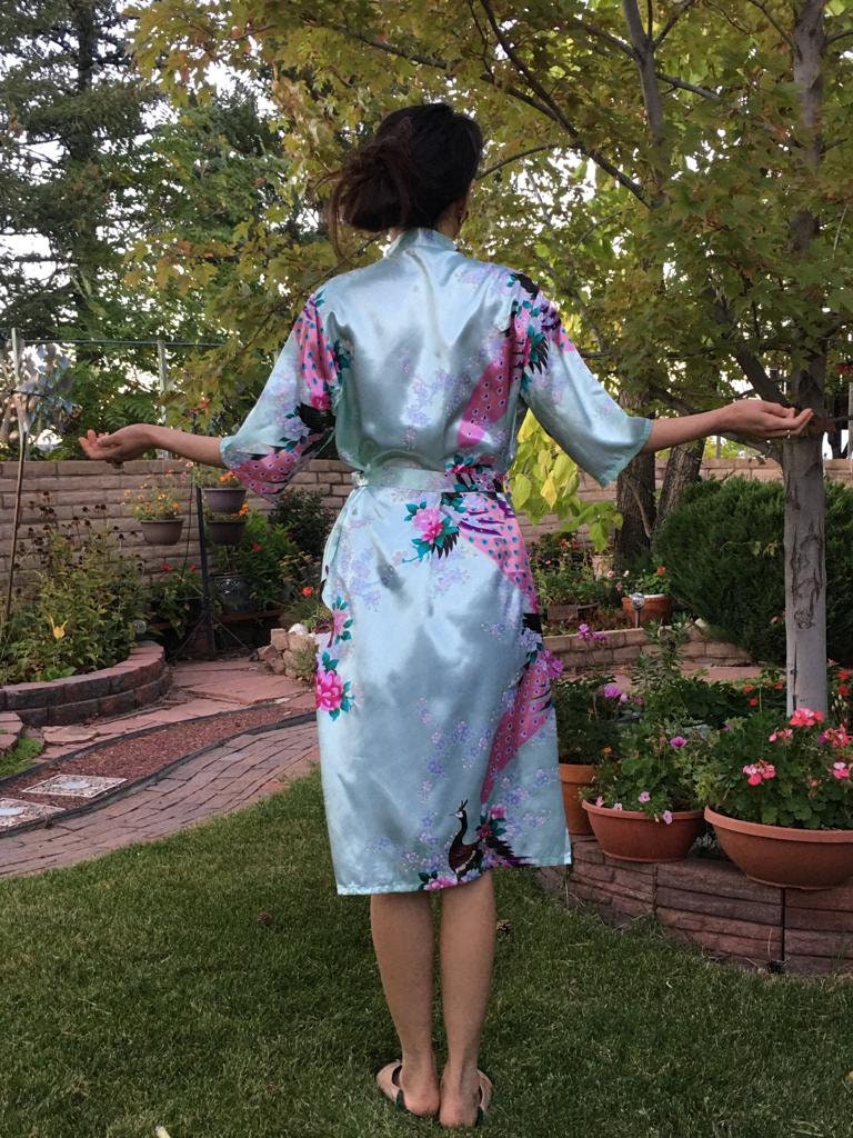 Kimono Robe - Wedding Bridal Floral Robe with Peacock & Flower Blossoms Long Nightgown Dress | Gift for Bride, Anniversary, Bridesmaid, Wife