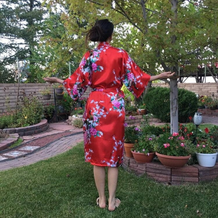 Japanese Peacock Long Kimono Cardigan Robe - Aesthetic Floral Boho Dress with Pockets, Long Sleeve Beach Coverup for Women, Gift for Her