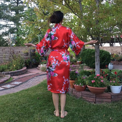 Japanese Peacock Long Kimono Cardigan Robe with Pockets | Elegant Loungewear