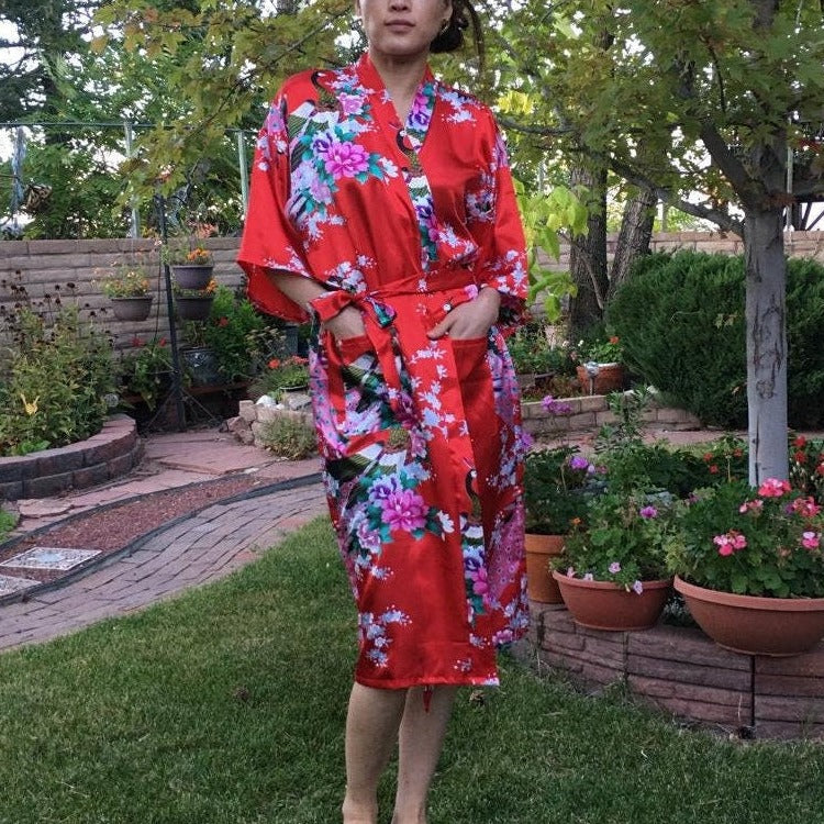 Japanese Peacock Long Kimono Cardigan Robe - Aesthetic Floral Boho Dress with Pockets, Long Sleeve Beach Coverup for Women, Gift for Her