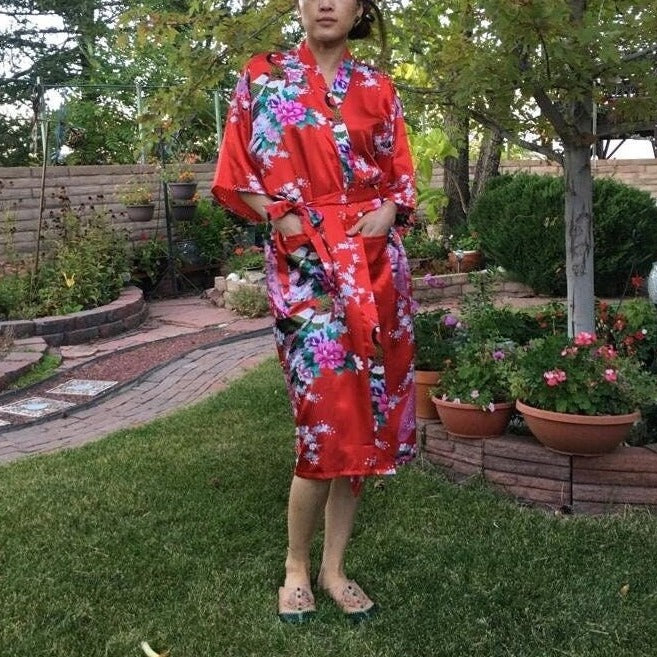 Japanese Peacock Long Kimono Cardigan Robe - Aesthetic Floral Boho Dress with Pockets, Long Sleeve Beach Coverup for Women, Gift for Her