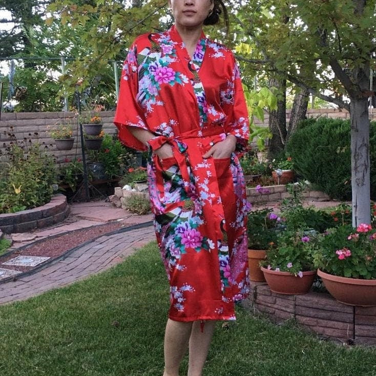 Japanese Peacock Long Kimono Cardigan Robe - Aesthetic Floral Boho Dress with Pockets, Long Sleeve Beach Coverup for Women, Gift for Her