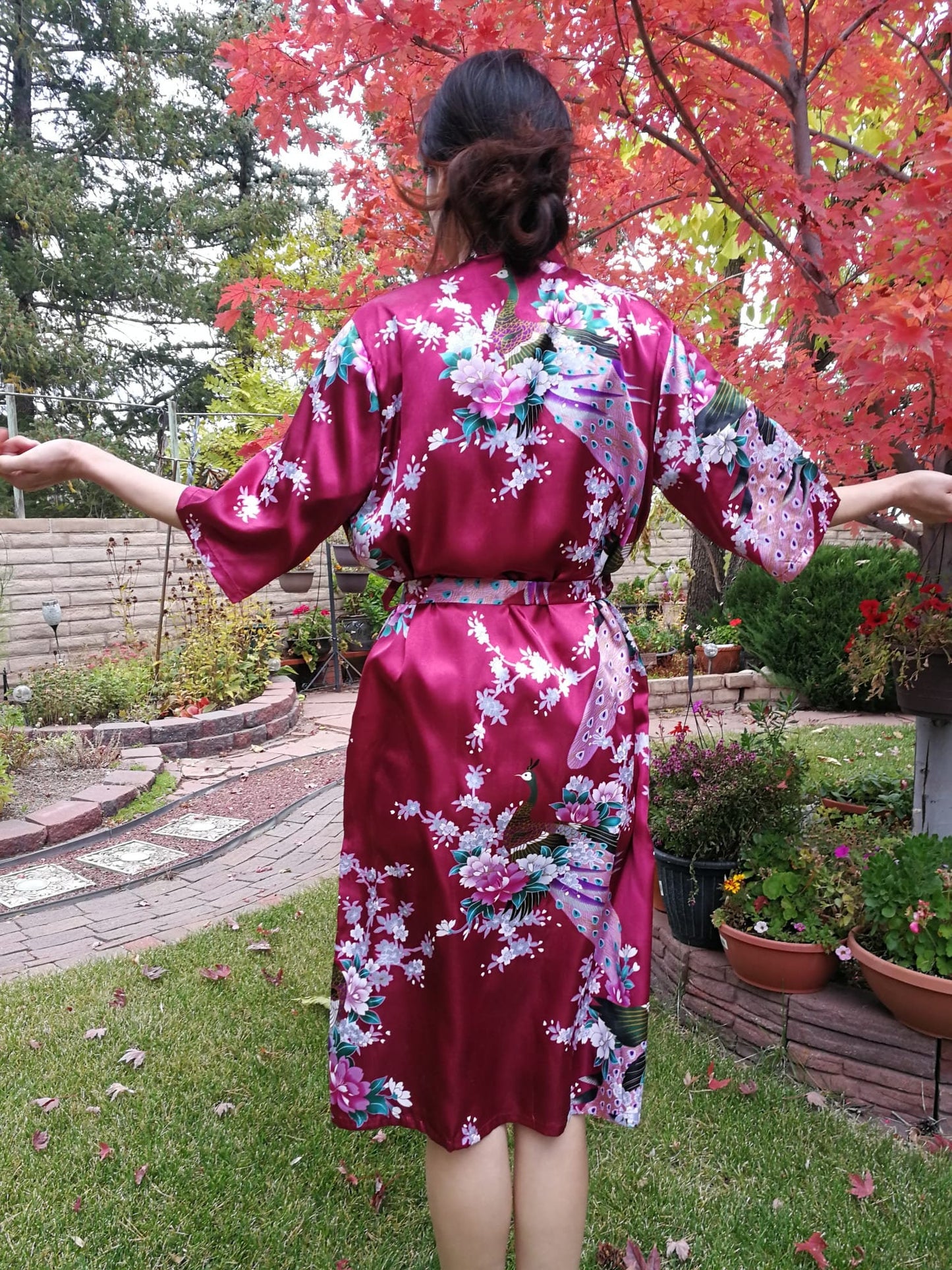 Kimono Robe - Wedding Bridal Floral Robe with Peacock & Flower Blossoms Long Nightgown Dress | Gift for Bride, Anniversary, Bridesmaid, Wife