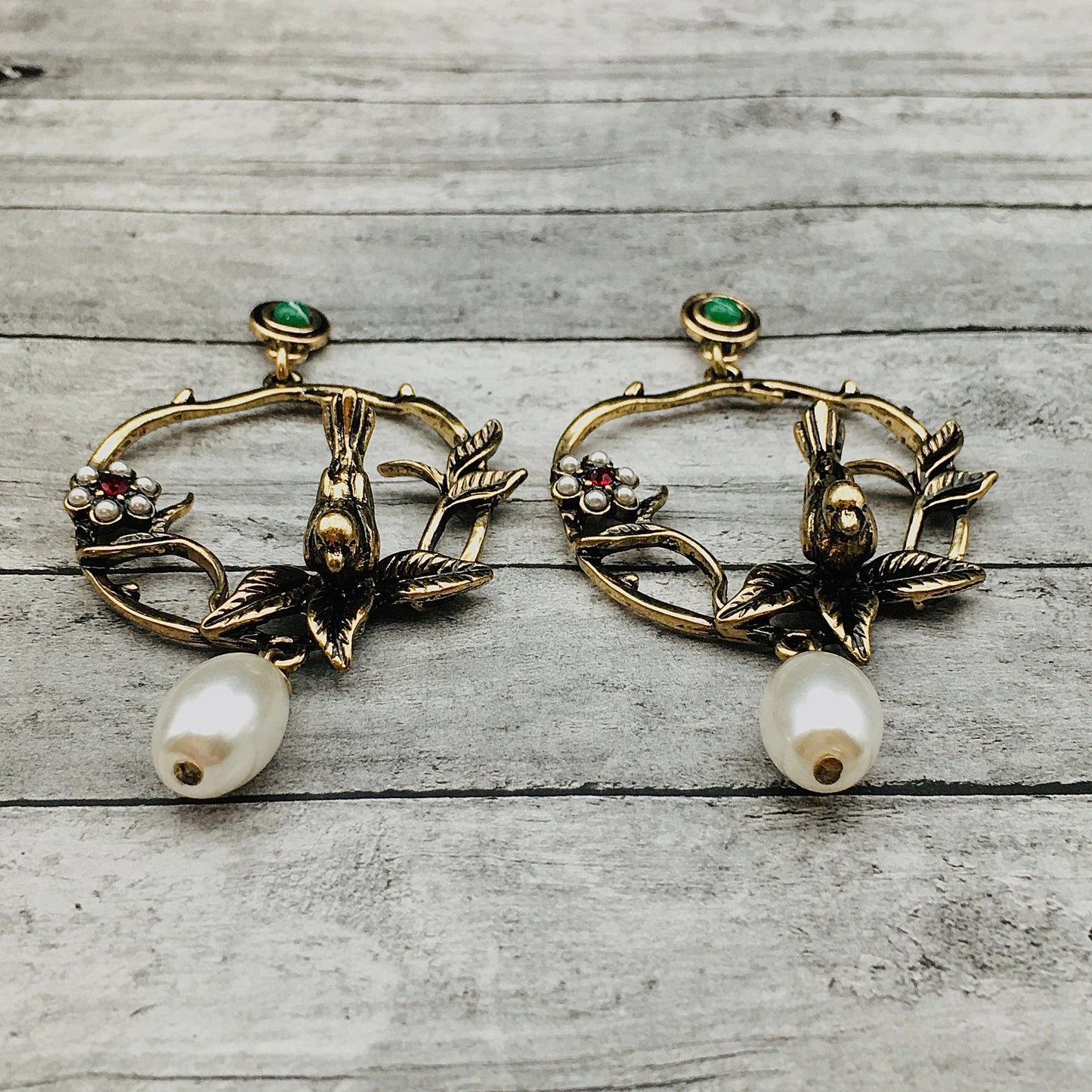 Victorian Gold-toned Antique Baroque Bird Pearl Earrings - Bohemian Retro Statement Jewelry