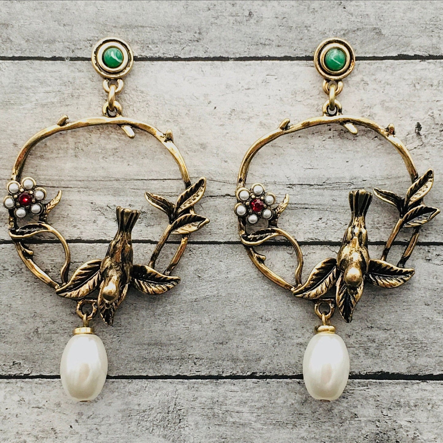 Victorian Gold-toned Antique Baroque Bird Pearl Earrings - Bohemian Retro Statement Jewelry