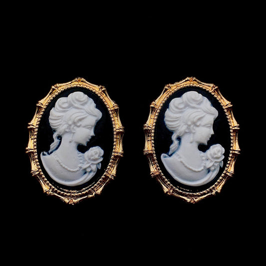 Victorian Portrait Earrings - Italian Vintage Gold Framed Female Figurine Studs | Gothic Statement Earrings