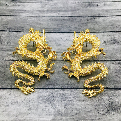 Golden Gothic Lucky Dragon Dangle Earrings - Funky Basilisk Statement Jewelry