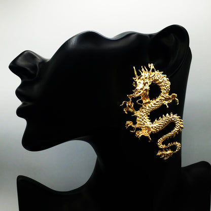 Golden Gothic Lucky Dragon Dangle Earrings - Funky Basilisk Statement Jewelry