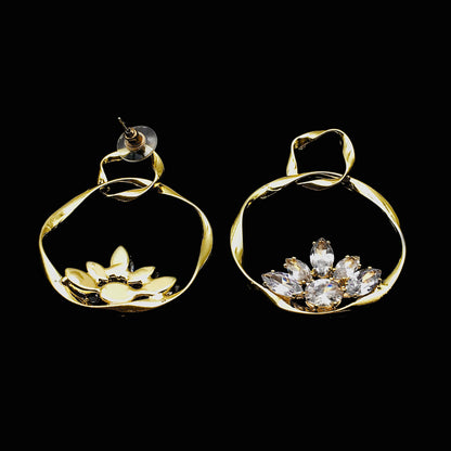 Golden Crystal Floral Hoop Earrings | Elegant Wildflower Dangles with Large Crystal Clusters