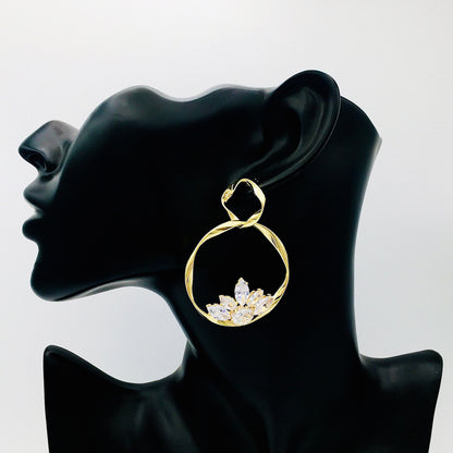 Golden Crystal Floral Hoop Earrings | Elegant Wildflower Dangles with Large Crystal Clusters