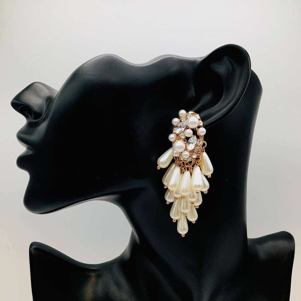 Victorian Gold-toned Pearl Cluster Earrings | Baroque Floral Teardrop Dangle Jewelry